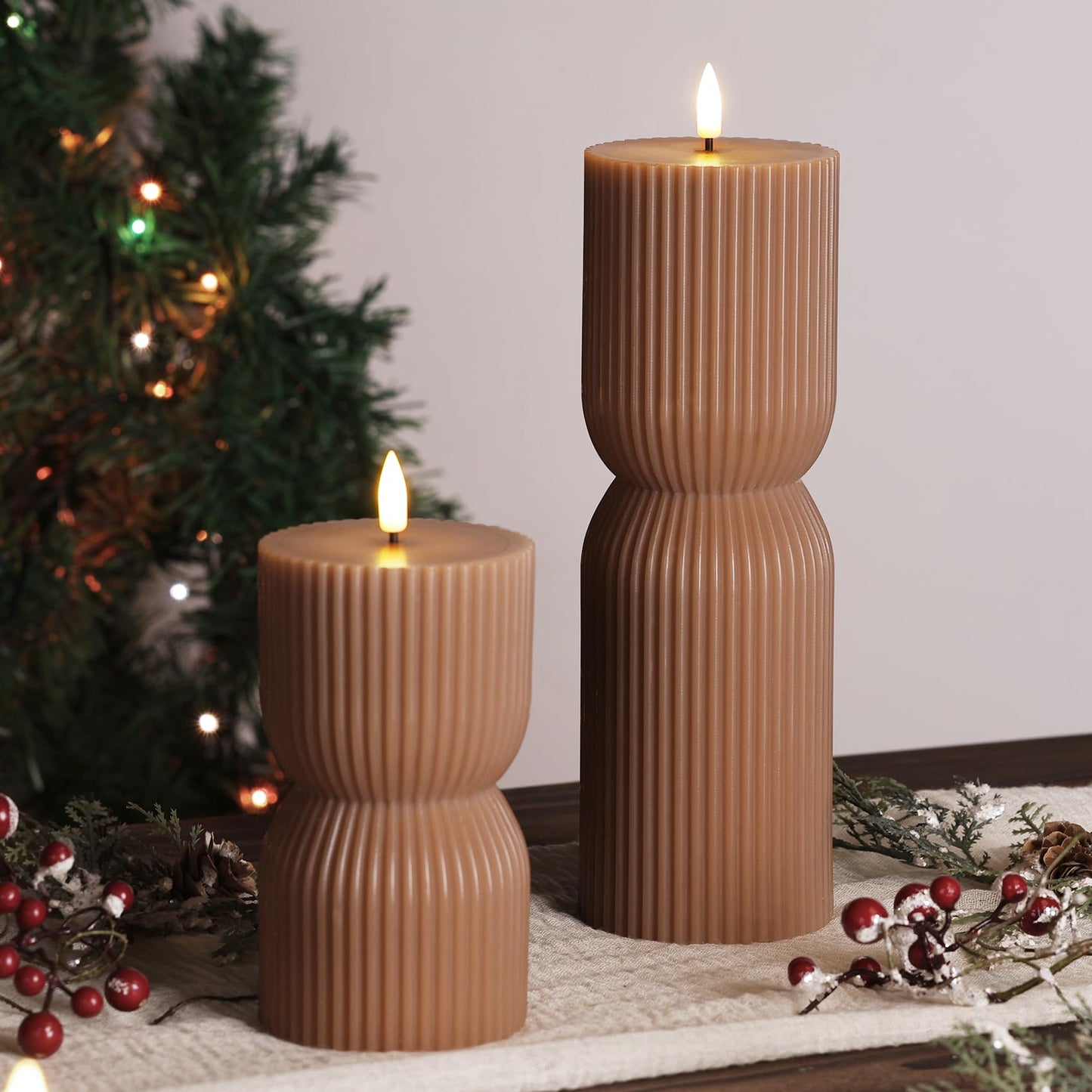 Girimax Warm Brown Ribbed Flameless Pillar Candles with Remote, Real Wax Flickering Battery LED Candles Christmas Decor Gift Set of 2