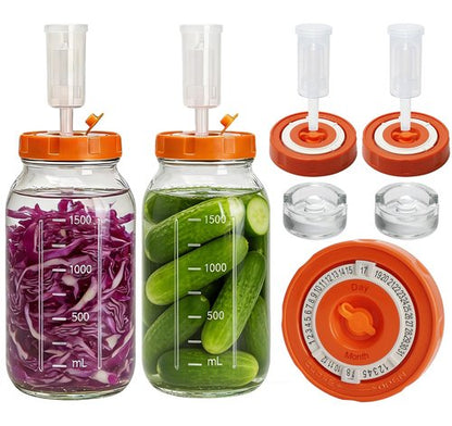 Hersolm Fermentation Kit for Wide Mouth Mason Fermenting Jar, 4 Glass Weights,4 Lids with Date Marker,4 Airlocks (No Jars) Complete Pickling Sauerkraut Kit