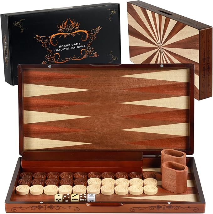 Handcrafted Wooden Backgammon Set - 16 Large Board Game with Oversized Pieces - Classic 2-Player Strategy Game Perfect for Adults &amp Kids