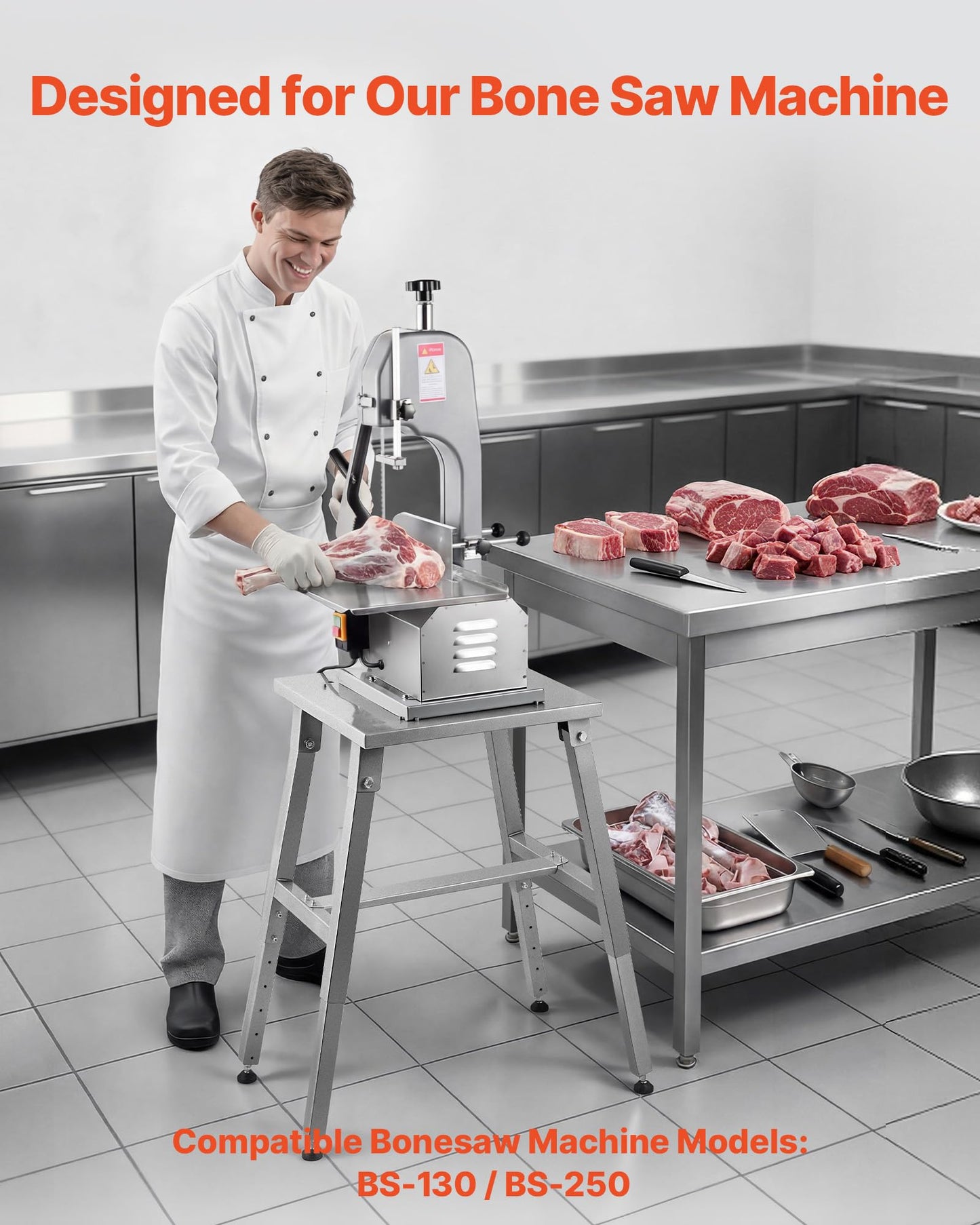 VEVOR Electric Meat Bandsaw Stand, Floor Stand with Adjustable Height, Stable H-Shaped Frame, Anti-Slip Foot Pads, for Our Bone Saw Machine, Compatible with Models BS-130/HC-130&BS-250/HC-250