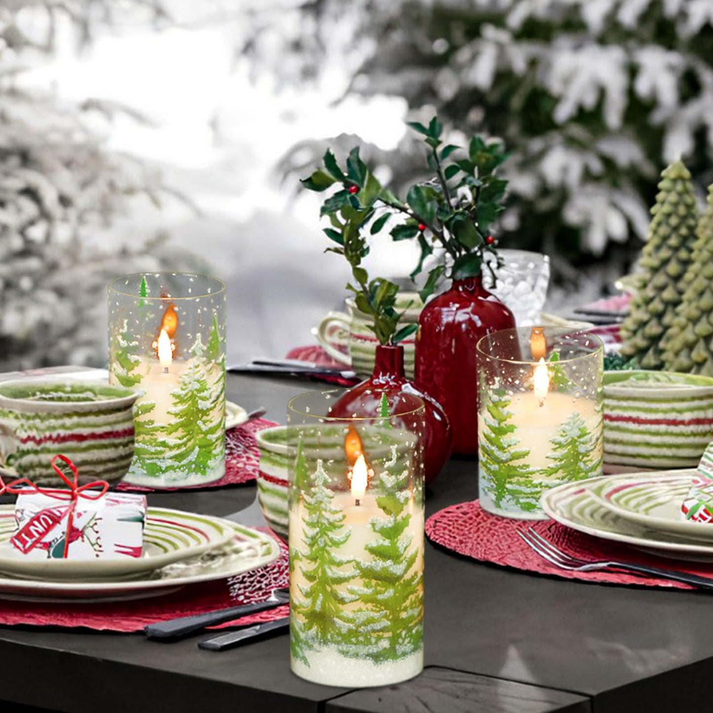 Lasumora Glass Flameless Pillar Candles with Remote Timer, LED Christmas Tree Candles, Battery Operated Real Wax Flickering Candle 3D Wick for Home Décor Christmas Gifts, 3x4/5/6 inches