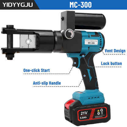 Hydraulic Crimping Tool 80KN Battery Powered 21V 5Ah Lithium-Ion 360° Rotating Head 3-6 Sec Fast Crimping 16-300mm² Copper/Aluminum 6AWG-600MCM with 2 Batteries & Storage Box