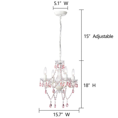 LaLuLa Pink Chandelier White Chandeliers Lighting with Acrylic Crystals Mini 4 Lights Pendant Light for Bedroom and Girls Room