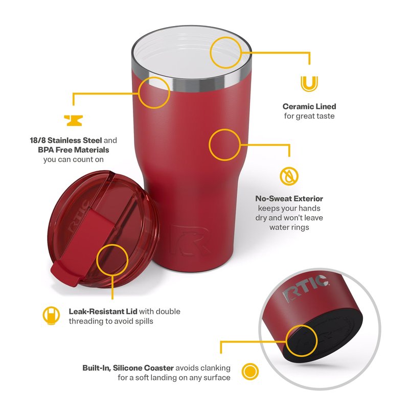 RTIC 30oz Essential Tumbler with Lid, Ceramic Lined, Insulated, Stainless Steel, Metal, Double Wall Vacuum-Insulation, Travel Cup for Iced Coffee, Tea, Hot and Cold Drink, Flag Red