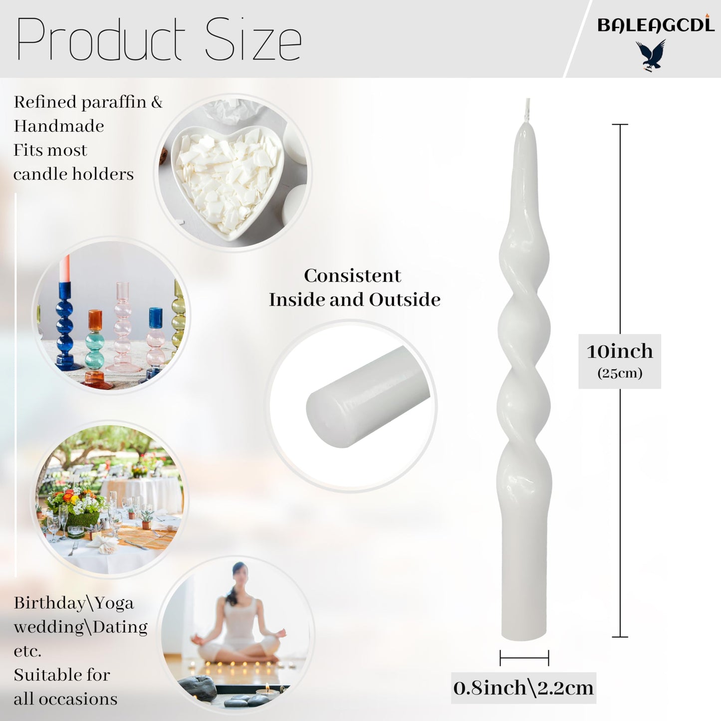 BALEAGCDL 10 Inch Twisted Taper Candle White Spiral Candlesticks Unscented Handmade Smokeless Candles Set for Holiday Party Gifts Home Decoration 2 Pcs