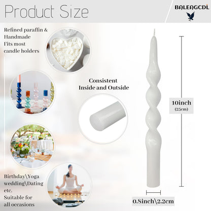 BALEAGCDL 10 Inch Twisted Taper Candle White Spiral Candlesticks Unscented Handmade Smokeless Candles Set for Holiday Party Gifts Home Decoration 2 Pcs