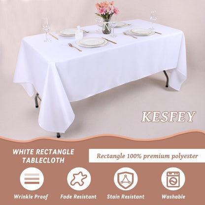 Kesfey 4 Packs White Table Cloths Rectangle 60 x 84 inch Washable Polyester Fabric White Tablecloths for 4 Feet Tables Stain and Wrinkle Resistant Reusable Table Covers for Parties Wedding Banquet