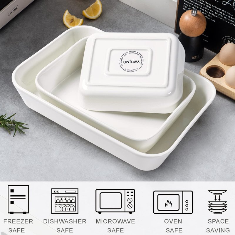 UNICASA Ceramic Oven Dishes, Set of 3 Lasagne Dishes 1000/2000/3500 ML, Rectangular Casserole Dishes, Non-Stick Reactive Glaze, White Casserole Oven