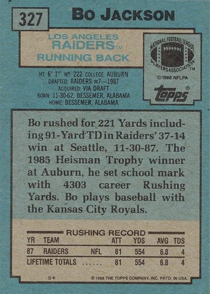 1988 Topps Football #327 Bo Jackson Rookie Card