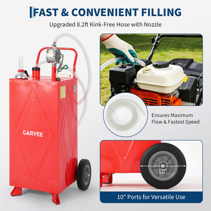 35 Gallon Fuel Gas Caddy Storage Tank, Portable Gas Caddy Fuel Transfer Tank with Wheels, Manual Rotary Pump, Hose, Wide Mouth Fill Port, Fuel Level Gauge, Mobile Gasoline Diesel Transfer Cart for ATV, Tractor, Mower, Car, Boat