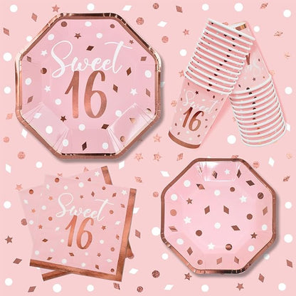 Rose Gold &amp Pink Sweet 16 Birthday Bundle: Party Supplies Set with paper Plates Napkins Cups Tablecloth &amp Banner - Sweet Sixteen Decorations Party Favors Serves 25