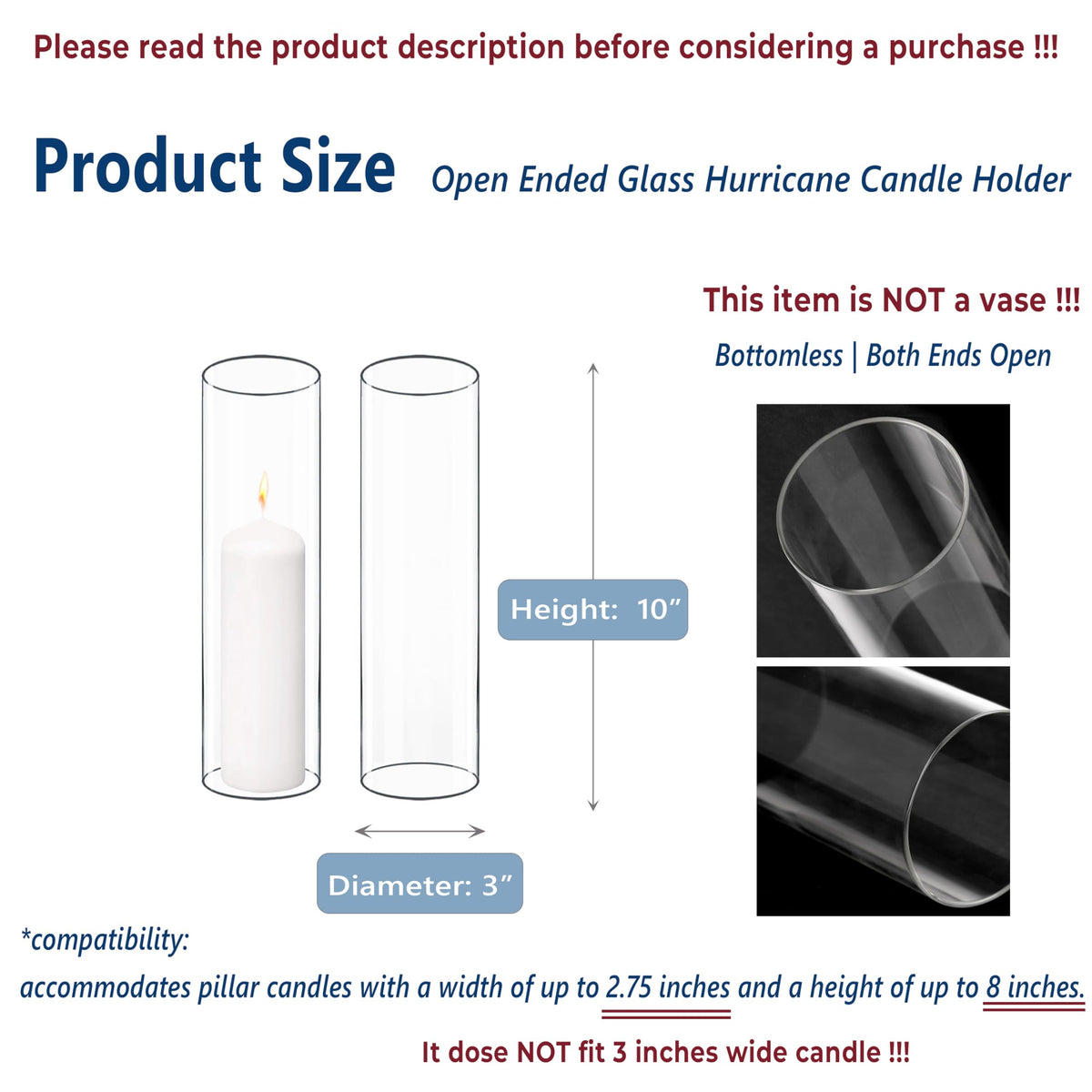 CYS EXCEL 6 PCS (H:10" D:3") Open Ended Glass Hurricane Candleholder Tube Shade Bottomless Candle Chimney Cover