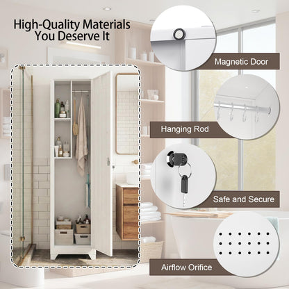 FATIGOS Slim Broom Closet Storage Cabinet, 65" H Metal Cabinets with Lock and Shelves & S-Hooks, Utility Closet, Narrow Storage Cabinets for Home Office, Pantry, Bathroom, Garage, White