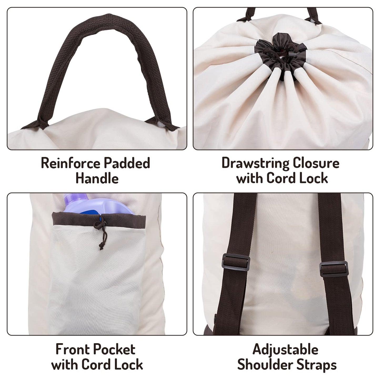 Laundry Bag Backpack with Shoulder Straps and Detergent Holder Clothes, Travel Laundry Backpack Bag Hamper for College Dorm Room (Khaki w Brown)