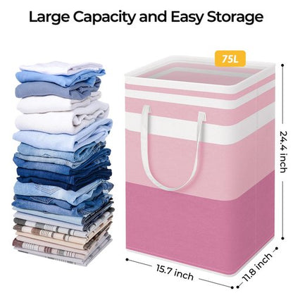 HomeHacks 2 Pack Large Laundry Baskets, Waterproof, Freestanding Laundry Hampers, Collapsible Clothes Hamper with Reinforced Handles in Laundry, College Dorm, Bathroom, Bedroom (Pink, 75Lx2)