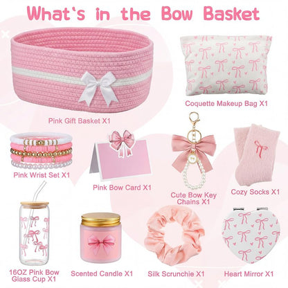 Willinglong 10 Pcs Gift Basket for Teen Girl Coquette Pink Bow Basket Stuffers for Women Coquette Bow Birthday Gift Box for Sister Daughter Friends