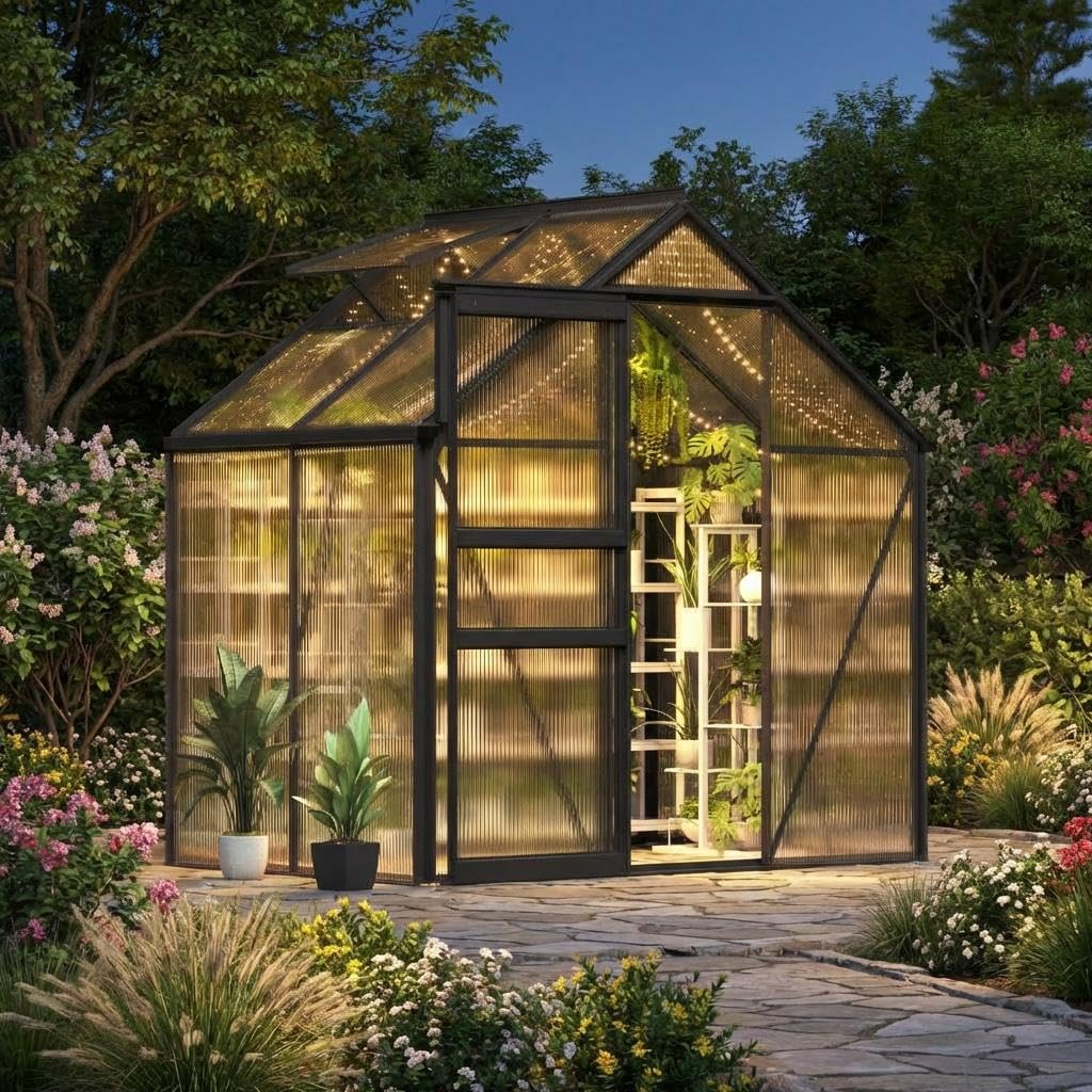 6X4FT Walk-in Polycarbonate Greenhouse, Outdoor Weatherproof Greenhouse Kit with Adjustable Roof Vent, Sliding Door & Gutter Drainage, Portable Green House for Patio Backyard Winter Gardening