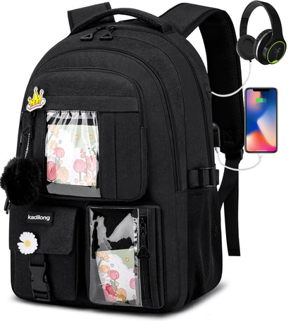 kadilong School Backpacks for Teen Girls Bookbag for Middle School College Students, Cute Backpacks for Women 15.6 Inch Laptop Bag Back Pack School Bag Anti Theft (Black)