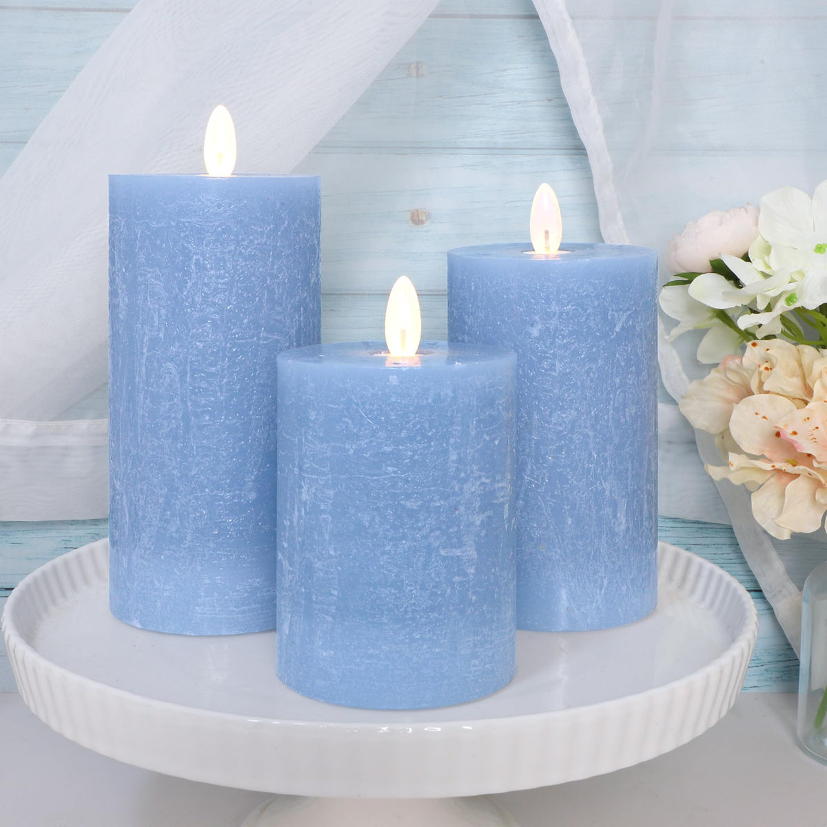 Seaglass Battery Flameless LED Candle, Silver Blue Flickering Pillar Timer, Remote Control, Unscented Real Wax