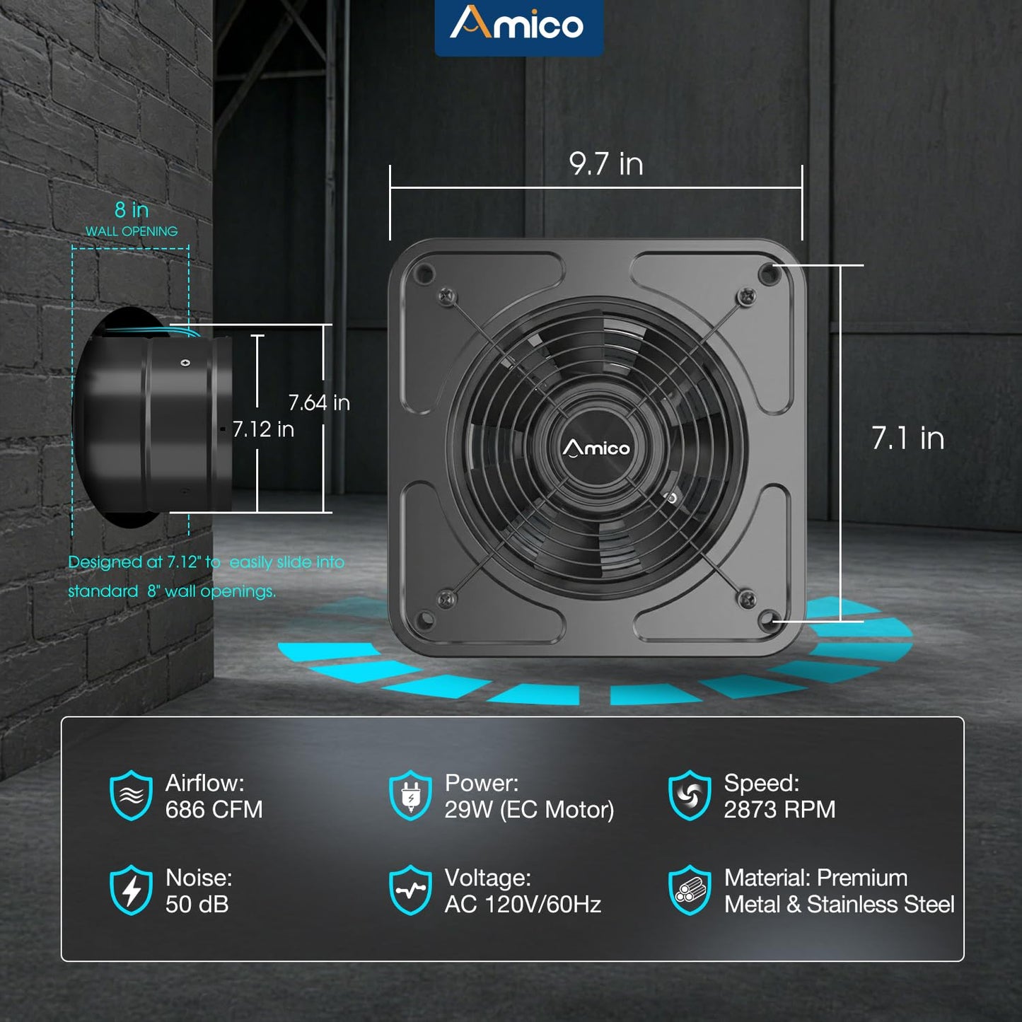 Amico 8 inch Kitchen Exhaust Fan with Remote, 686 CFM High Airflow Extractor Fan, Energy Efficient 29W EC Motor Ventilation Fan for Garage, Attic & Greenhouse, 9-Speed, Timer, Low Noise 50dB,FCC,Black