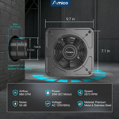 Amico 8 inch Kitchen Exhaust Fan with Remote, 686 CFM High Airflow Extractor Fan, Energy Efficient 29W EC Motor Ventilation Fan for Garage, Attic & Greenhouse, 9-Speed, Timer, Low Noise 50dB,FCC,Black