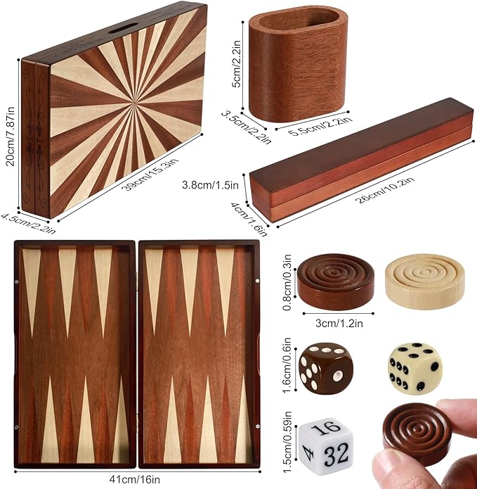 Handcrafted Wooden Backgammon Set - 16 Large Board Game with Oversized Pieces - Classic 2-Player Strategy Game Perfect for Adults &amp Kids