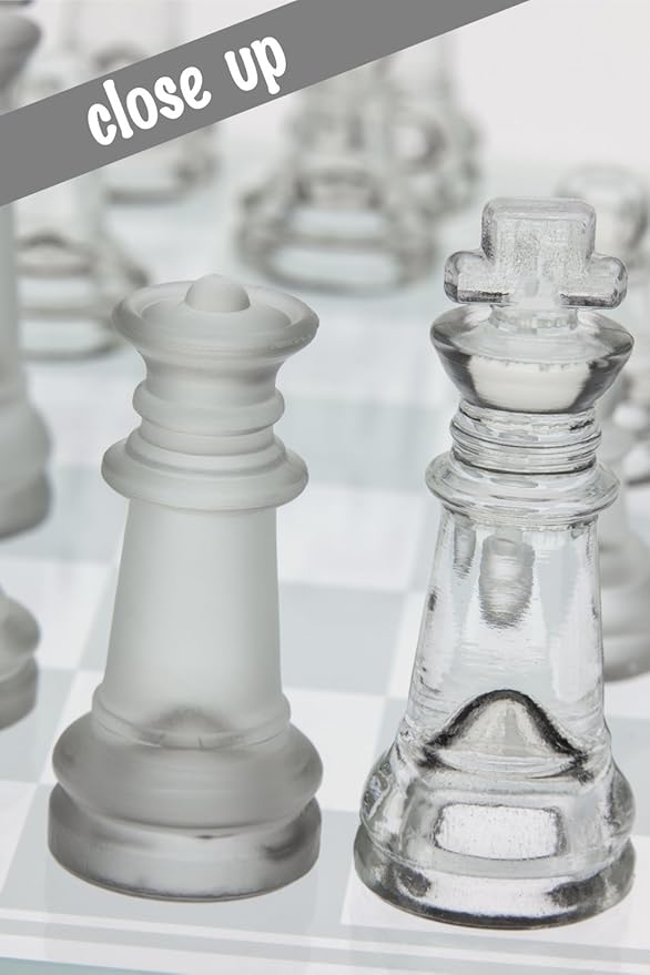 Gamie Premium Glass Chess Set 12 Inch - Elegant Design - Durable Build - 32 Frosted and Clear Pieces - Felted Bottoms - Easy to Carry - Stable &amp Fully Functional for Chess Lovers