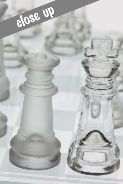 Gamie Premium Glass Chess Set 12 Inch - Elegant Design - Durable Build - 32 Frosted and Clear Pieces - Felted Bottoms - Easy to Carry - Stable &amp Fully Functional for Chess Lovers
