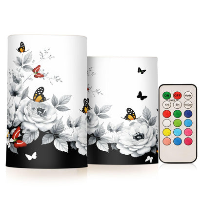 ALAZA Oriental Butterfly Cherry Blossom Flowers Flickering Flameless Candles Battery Operated with Remote Timer,Tea Light Candles LED Pillar Votive Candles Set of 2 for Outdoor Indoor Decorations
