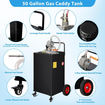 50 Gallon Fuel Caddy with Manual Pump - Heavy Duty Portable Gas & Diesel Transfer Tank on 4 Wheels, Spill-Proof Gasoline Can Container for Truck, Tractor, Boat, ATV, Farm Use, Black