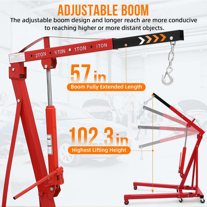 2 Ton Folding Hydraulic Engine Hoist, Folding Engine Shop Crane Hoist Lift, Heavy Cherry Picker with 6 Wheels for Garage, Workshop,Cherry
