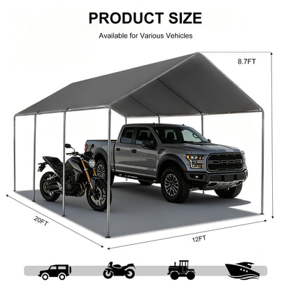 Carport, 12x20 Heavy Duty Portable Garage, Car Port with Storage Shed, Car Canopy Car Tent with Steel Frame All-Season Tarp for Car, Truck, Boat, Party (Grey, 12x20ft)