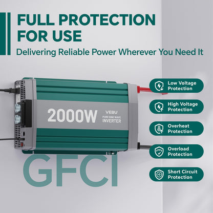VEBU 2000W Pure Sine Wave Inverter with ATS Mode, 12V DC to AC 120V Converter for Off-Grid System, RV, Truck, Camping, Peak 4000W