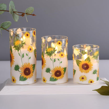Eywamage Sunflower Glass Flameless Candles with Remote, Flickering Battery LED Pillar Candles Spring Home Table Decor Set of 3
