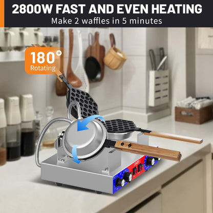 HTTSICHI 2800W Commercial Bubble Waffle Maker & 13L Chocolate Tempering Machine, Dual Non-stick Pans w/Timer & Temp Control, 3-Tank Stainless Melter w/86-185°F Control, for Restaurants & Dessert Shops