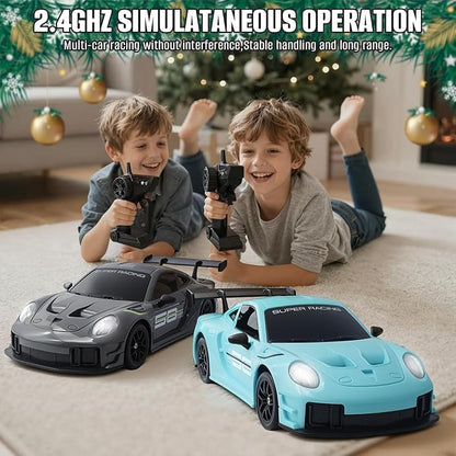 RC Drift Car 1:24 4WD Remote Control Cars Vehicle with LED Light2.4GHz 20KM/H High Speed RC Cars with Two Batteries &amp Drifting Tires Racing Sport Toy for Adults Boys Girls Kids Blue