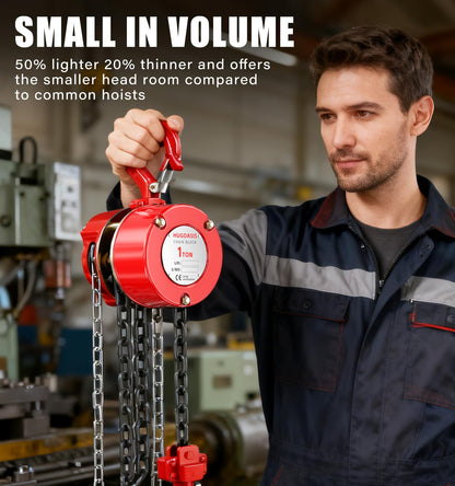 HUGOASIS Manual Chain Hoist 1 Ton 2200 Lbs Capacity 10ft with 2 Heavy Duty Hooks, Chain Fall Block for Warehouse Building Automotive Machinery,Red