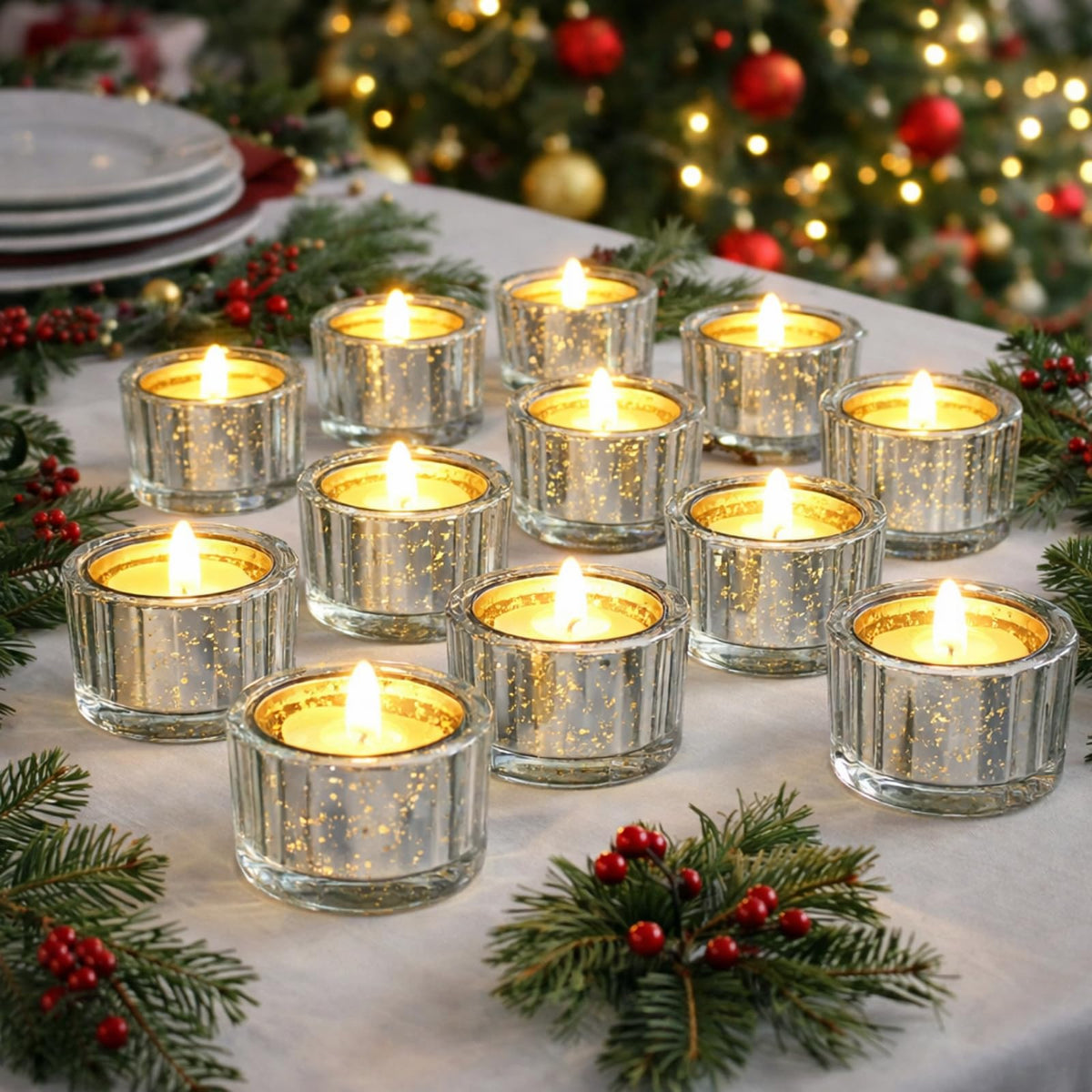Mumufy 100 Pcs Glass Tealight Candle Holder Ribbed Votive Candle Holder for Centerpiece Wedding Proposal Spa Aromatherapy Meditation Home Decor (Silver)
