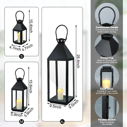 Mifoci Jumbo Black Metal Decorative Lanterns with Clear Glass Panel Hurricane Candle Lantern for Home Decor Party Event Tabletop Front Porch Wall Hanging Indoor Outdoor(3 Pcs,28'' 16'' 10'')