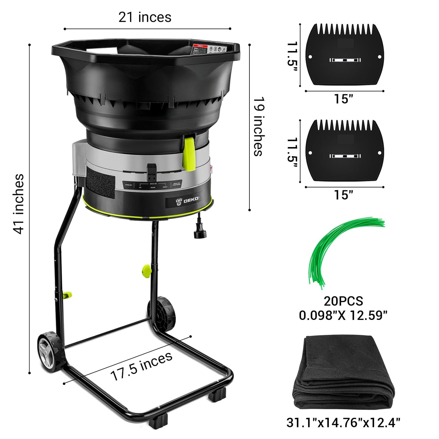 Electric Leaf Mulcher/Shredder: DEKOPRO 15-Amp 8200RPM Motor for 17:1 Reduction Ratio, Adjustable Control Dia with Leaf Scoops Spade, Collection Bag & 20 Cutting Lines