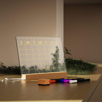 Light Up Clear Dry Erase Calendar 13 x 9 inch with 5 Markers, Acrylic Lighting Markable Calendar Board Agenda for Bedroom/Office/Home/Kitchen