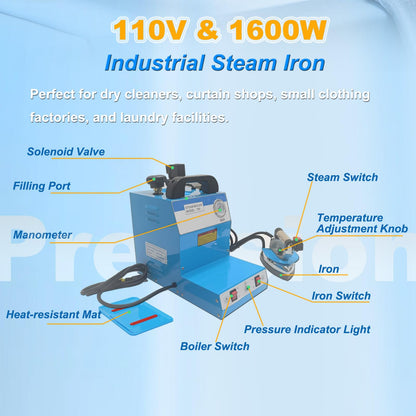 PreAsion 110V Industrial Steam Iron & Boiler Station - 1600W Professional Ironing System with Adjustable Steam & Temperature for Clothing Stores, Laundry, Factories, and Curtain Shops