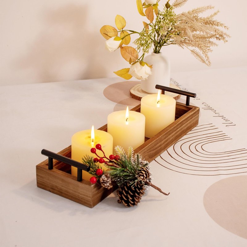 Rustic Wood Serving Tray, Brown Wooden Tray, Centerpiece Tray for Dining Table, Farmhouse Plant Tray, Candle Holder, Long Narrow Ottoman Trays for Wine Coffee Table Kitchen Decor (Wood Brown)