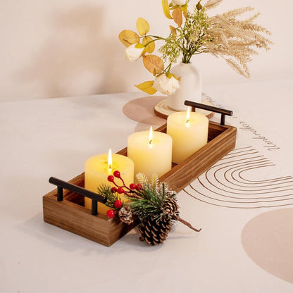 Rustic Wood Serving Tray, Brown Wooden Tray, Centerpiece Tray for Dining Table, Farmhouse Plant Tray, Candle Holder, Long Narrow Ottoman Trays for Wine Coffee Table Kitchen Decor (Wood Brown)