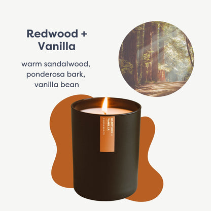 Calyan Wax Co. Redwood & Vanilla Scented Candle - 75 Hour Burn - Luxury Clean Soy Wax Candles - Long Lasting Black Tumbler Jar Candle for Home - 10.2oz