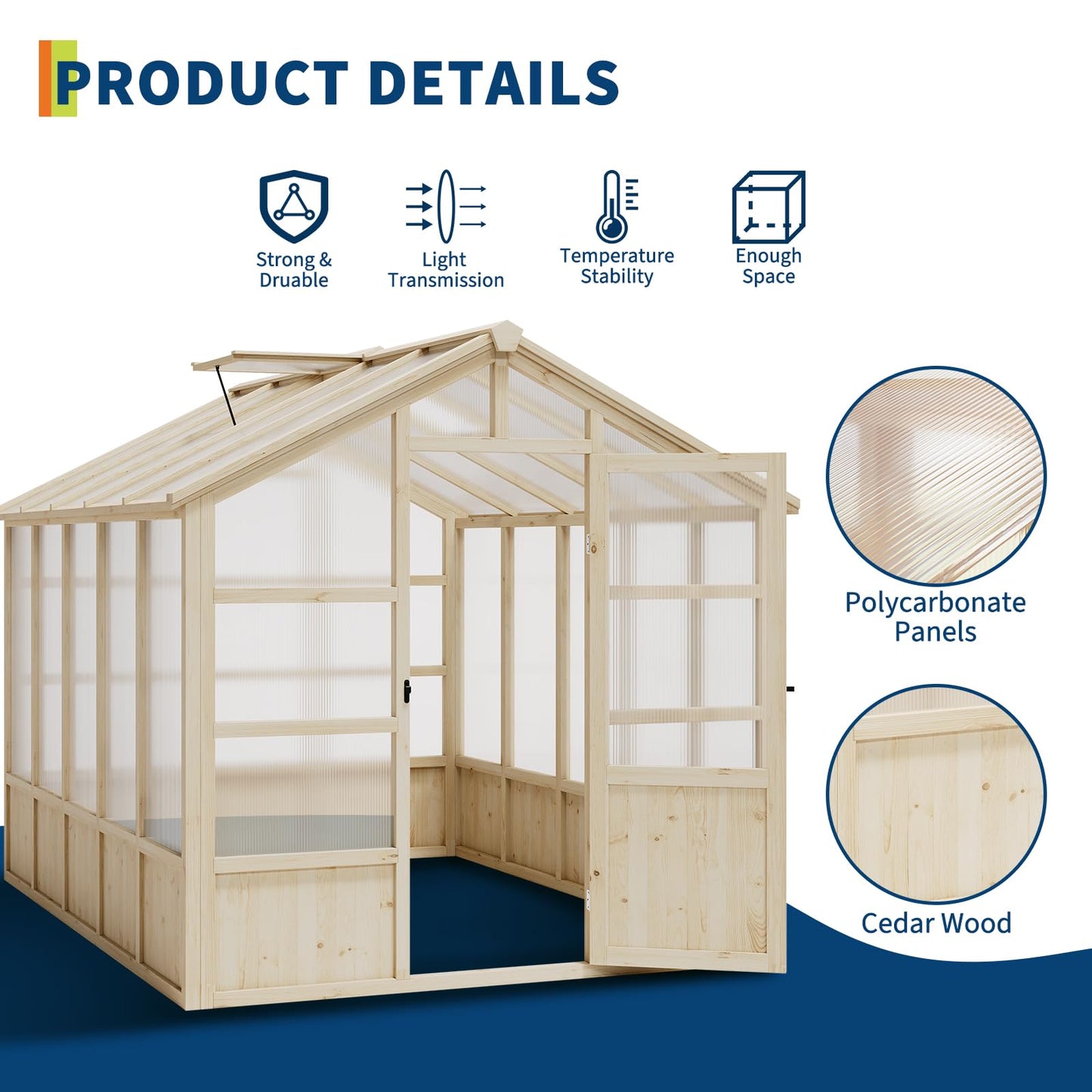 Garvee 8x10 ft Wooden Greenhouse, Greenhouses for Outdoors with Lockable Door, Wood Frame & Adjustable Vent, Heavy Duty Greenhouse with Polycarbonate Panel for Outside, Garden, Yard, Light Brown
