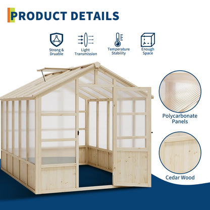 Garvee 8x10 ft Wooden Greenhouse, Greenhouses for Outdoors with Lockable Door, Wood Frame & Adjustable Vent, Heavy Duty Greenhouse with Polycarbonate Panel for Outside, Garden, Yard, Light Brown