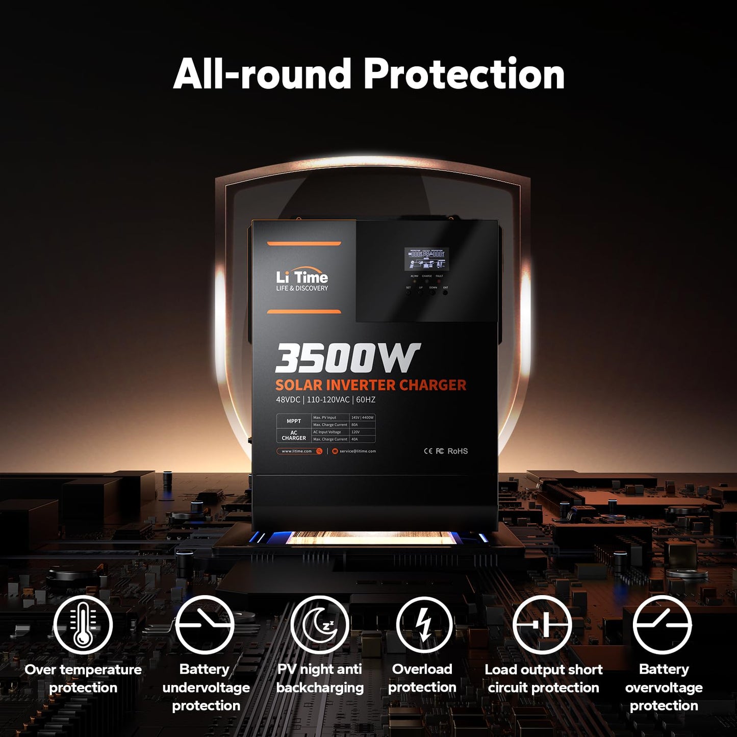 LiTime Solar Inverter Charger, 3500W DC 48V to AC 120V Pure Sine Wave Inverter with 80A MPPT Charge Controller, 40A AC Battery Charger, Uninterrupted Power Supply (UPS), RS485 Communication