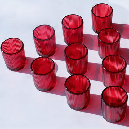 VOHO Red Candle Holders Set of 12, Ribbed Glass Votive Candle Holders Bulk for Holiday/Party Decorations, Tea Lights Candle Holder Wedding Centerpieces for Tables