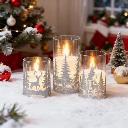 KunSwenn Christmas Flameless Candles with Silver Reindeer Decals, 3 Pack LED Glass Battery Operated Candles with Remote Timer, Pillar Candles with Deer and Tree Pattern for Christmas Winter Decor